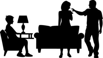 Family Interaction Scene with Silhouette of Man Woman and Boy at Home with Sofa and Lamp vector