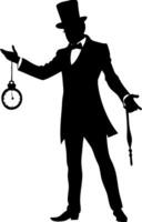 Elegant Magician with Pocket Watch and Top Hat Silhouette for Events and Performances vector
