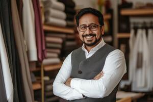 A man in a suit standing in front of a clothing store photo