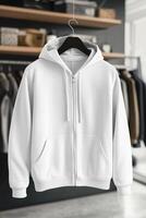 White hoodie with zipper hanging on a rack photo