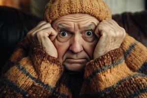 An old man in a sweater and hat is looking at the camera photo