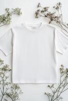 A white t - shirt with a small crop of flowers photo