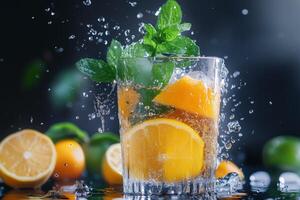 A glass of water with orange slices and mint leaves photo