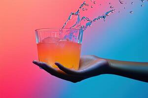 A hand holding a glass of liquid photo