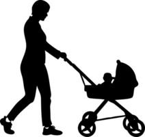 Silhouette of a Mother Walking with a Baby Stroller Ideal for Family-Themed Designs vector