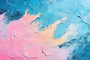 An abstract painting featuring a blend of pink, blue, and peach colors with textured layers. The artwork showcases a dynamic interplay of hues and shapes, creating a visually striking composition. photo