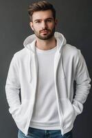 Man in white t - shirt and hoodie photo