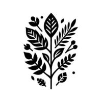 Stylized Black and White Botanical Illustration symmetrical arrangement of leaves, berries, and branches on a white background, minimalistic vector