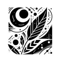 Abstract black and white artwork featuring a crescent moon, stylized feathers, stars, and geometric shapes. vector