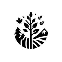 Stylized black and white nature includes tree, foliage, mountain, field, and forest elements, all within a circular frame. vector