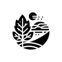 Abstract black and white featuring a stylized leaf, spherical elements, and geometric landscape, conveying natural elements. vector