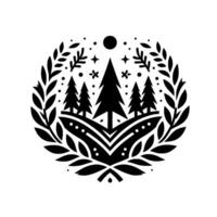 A monochromatic illustration of a naturethemed emblem, featuring evergreen trees, a moon, stars, and a laurel wreath border, exuding a peaceful and rustic ambiance. vector
