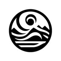 Circular Black and White Symbol stylized waves, mountains, and a sunmoon in a minimalist, clean aesthetic. vector