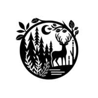 Silhouette of a regal deer in a circular forest scene, featuring trees, a moon, and foliage, a minimalist, naturethemed . vector