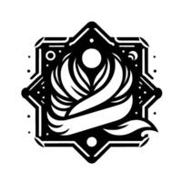 Intricate Geometric Emblem featuring a stylized flower or flamelike central element, embraced by a banner within a unique octagonal frame. vector
