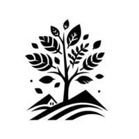Minimalist black and white stylized illustration a flourishing tree with diverse leaves atop rolling hills and a tiny house, representing natures harmony and growth. vector