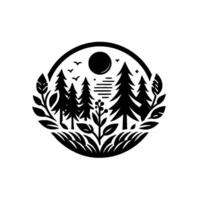 Black and White Nature Silhouette of a Forest Scene Within a Circular Frame, Featuring Trees, Sun, Birds, and Vegetation. vector