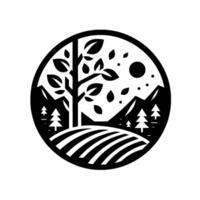 Serene Black and White Circular Landscape A tree, fields, mountains, and a celestial body. vector