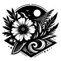 Intricate black and white floral with elements of nature set in a stylized geometric arrangement. vector