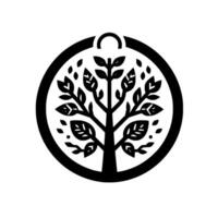 Simplified Black and White Arboral Emblem Circular Badge Featuring a Stylized Tree with Leafy Branches and a Curved Top Element. vector