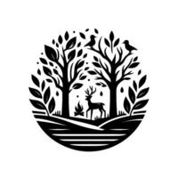Black and White Circular Forest Scene with a Deer, Campfire, Birds, and Trees, Representing Natures Serenity. vector