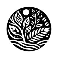A stylized, circular black and white illustration of a tree and foliage with a moon and waterlike base. vector