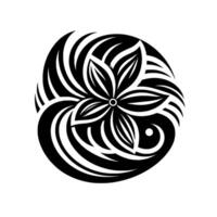 Circular black and white floral with layered petals and swirling lines, creating a dynamic and symmetrical composition. vector