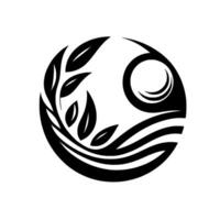 Abstract black and white circular with stylized leaves, a crescent moon, and wavy lines, representing nature, balance, and serenity. vector