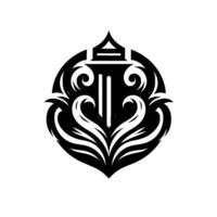 Elegant Black White Emblem A stylized pillar within a circular frame, adorned with symmetrical swirling flourishes, and a sharp base. vector