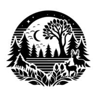 Serene Black and White Silhouette Woodland Scene with Deer, Trees, Moon, and Stars in a Circular Frame. vector
