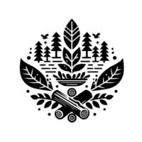 Stylized Black and White Nature Illustration Trees, Leaves, Logs, and Plant Elements in a Circular Composition, Evoking Harmony and Balance. vector