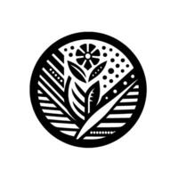 Black White Circular Botanical Stylized Flower, Leaves, and Geometric Patterns within a Round Frame on a Clean Background. vector