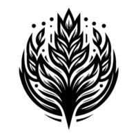 Symmetrical Black and White Floral Emblem with Pointed Leaves, a Dot Pattern, and Circular Frame. vector