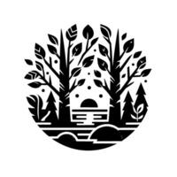 Minimalist Black and White Forest Scene with Trees, Lake, Cabin, and Geometric in Circular Composition. vector