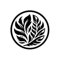 Minimalist Black and White Circular Emblem Stylized Floral Composed of LeafLike Elements with Three Small Dots vector