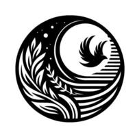 Monochromatic circular emblem featuring a dove in flight, framed by stylized leaves, moonlight, and celestial dots, evoking peace. vector