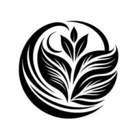 Elegant minimalist black and white leaf art in a circle with leaves and crescent moon on white backdrop, emblem . vector