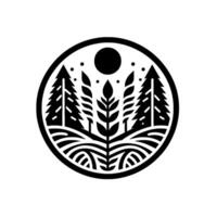 Black and White Minimalist Circular Emblem of Nature, Featuring Pine Trees, Wheat, Moon, and Landscape . vector