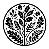 Intricate Black and White Circular Composition Featuring Various Leaf and Branch Styles, Reflecting Natures Diversity. vector
