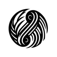 Black and White Abstract Yin Yang with Feathered and Striped Organic Forms, Set Against a White Background. vector