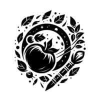 Artistic Botanical Composition A black and white emblem featuring a stylized tomato surrounded by leaves, a paintbrush, and circular elements on a white background. vector