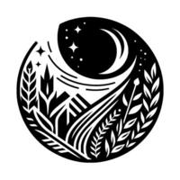 A stylized black and white circular showcasing a crescent moon, stars, and a landscape featuring plants and mountains. vector