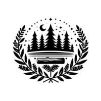 Black and white natureinspired emblem featuring a forest scene under a starry night sky within a laurel wreath, rustic style. vector