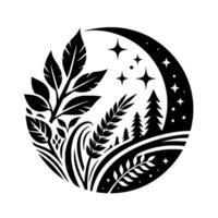 A monochrome circular showcasing natures elements leaves, foliage, wheat, evergreen trees, a crescent moon, and stars in a minimalist arrangement. vector