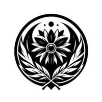 Elegant Monochrome Floral Emblem with Detailed Petals, Circular Frame, and Crossed Leaf Branches, Symbolic . vector