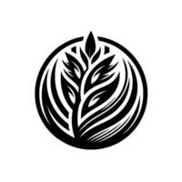 Symbolic black and white natureinspired featuring a stylized tree and leaf arrangement enclosed within a circular frame, emphasizing minimalist aesthetics. vector