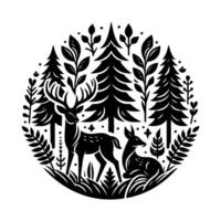 Black and White Deer Scene A Stag and Doe in a Forest Circle, Symbolic Nature Art. vector