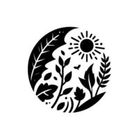 Monochromatic Circular Illustration of Natures Elements Sun, Leaves, Butterfly, and Plants, Representing Harmony in a Stylized . vector
