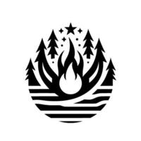 Minimalist Black and White Campfire Scene within an Oval Frame Featuring Pine Trees, Stars, and Waves. vector