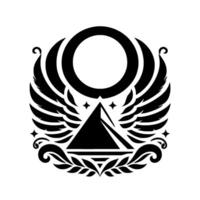 Intricate Black and White Emblem Ring above Winged Pyramid, Star Accents, Laurel Base, and Ornate Scrolls. vector